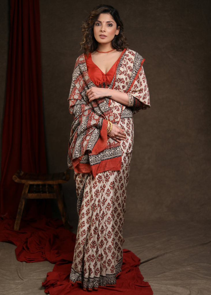 Classic Fakira Print Cream & Rust Modal Saree