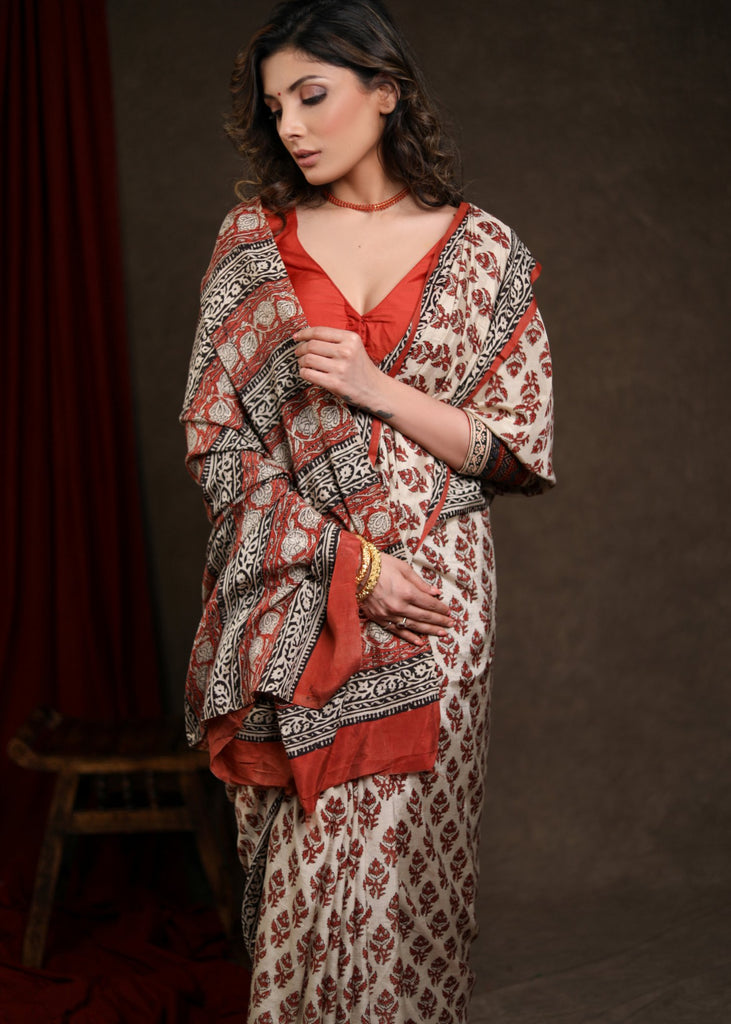Classic Fakira Print Cream & Rust Modal Saree