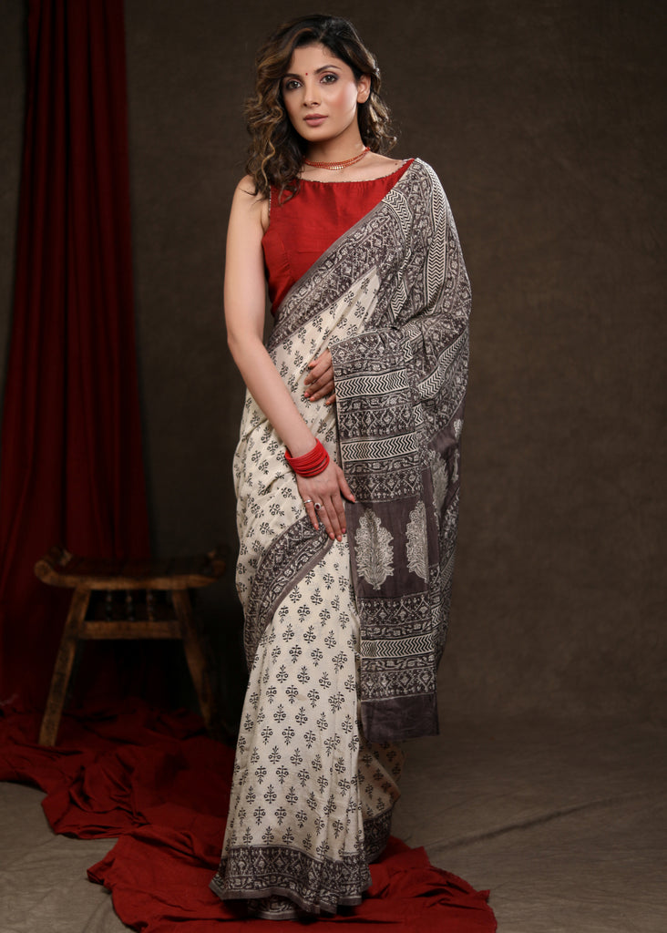 Beautiful Cream & Grey Fakira Print Modal Saree