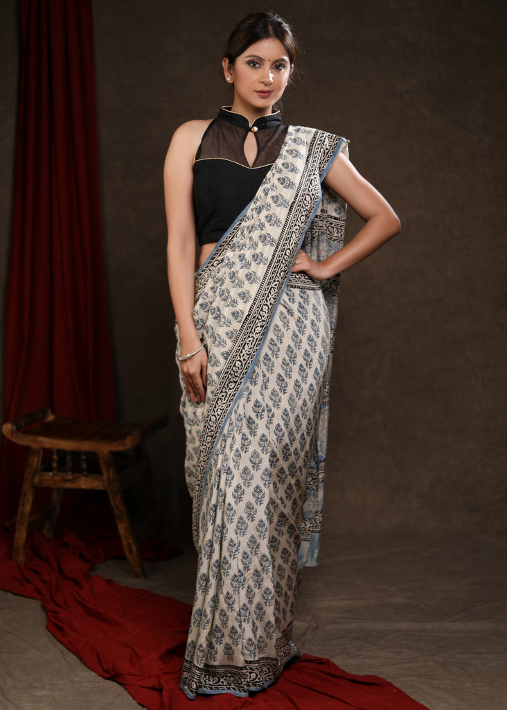 Stunning Fakira Print Cream & Light Blue Modal Saree