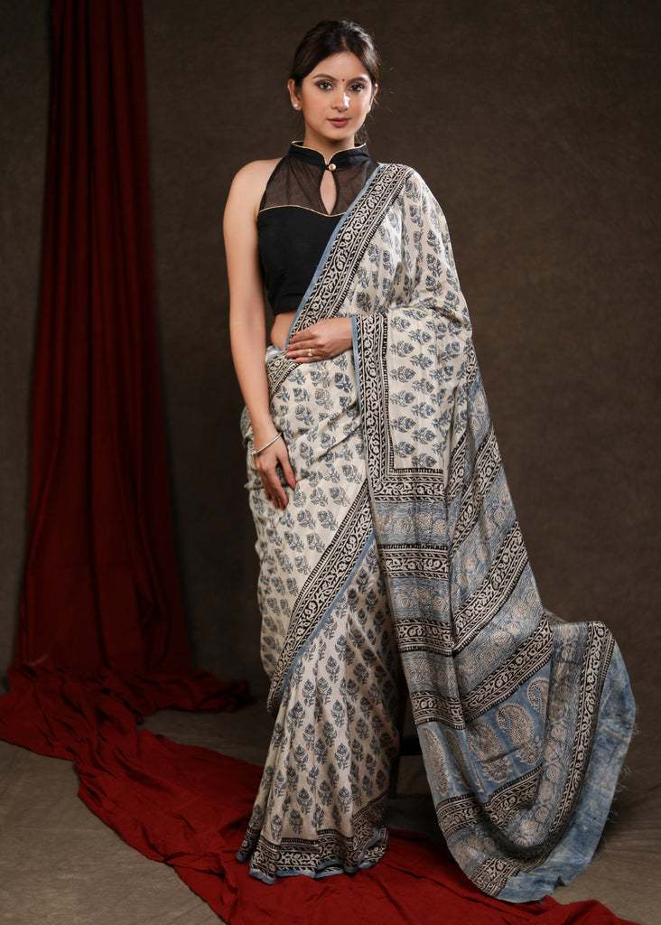 Stunning Fakira Print Cream & Light Blue Modal Saree