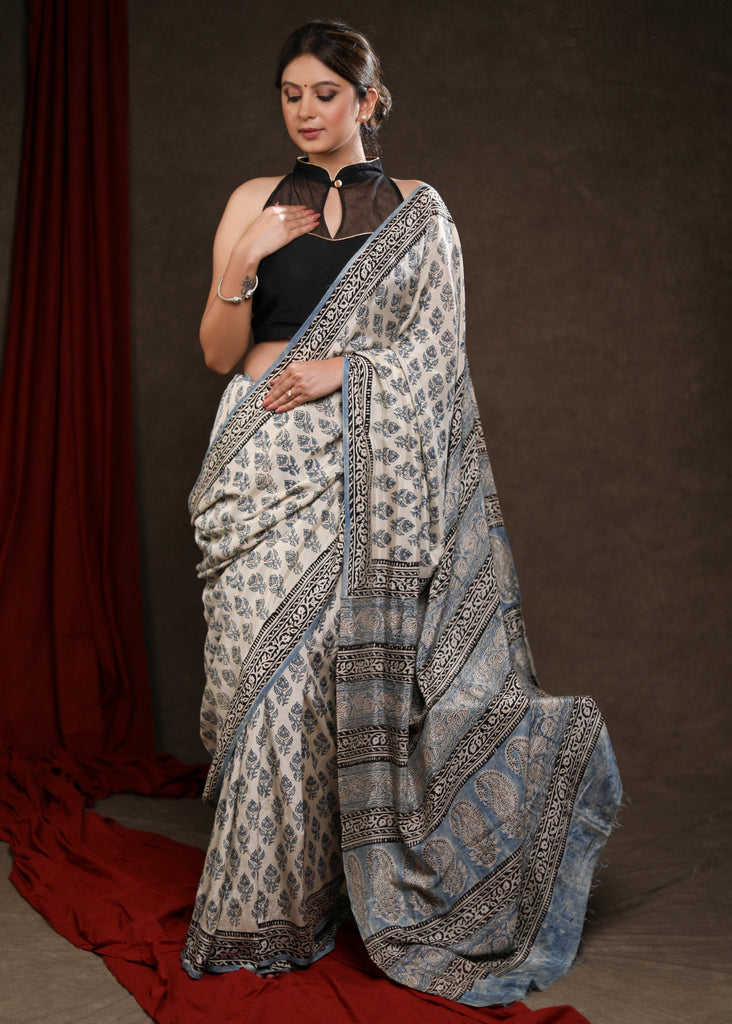 Stunning Fakira Print Cream & Light Blue Modal Saree