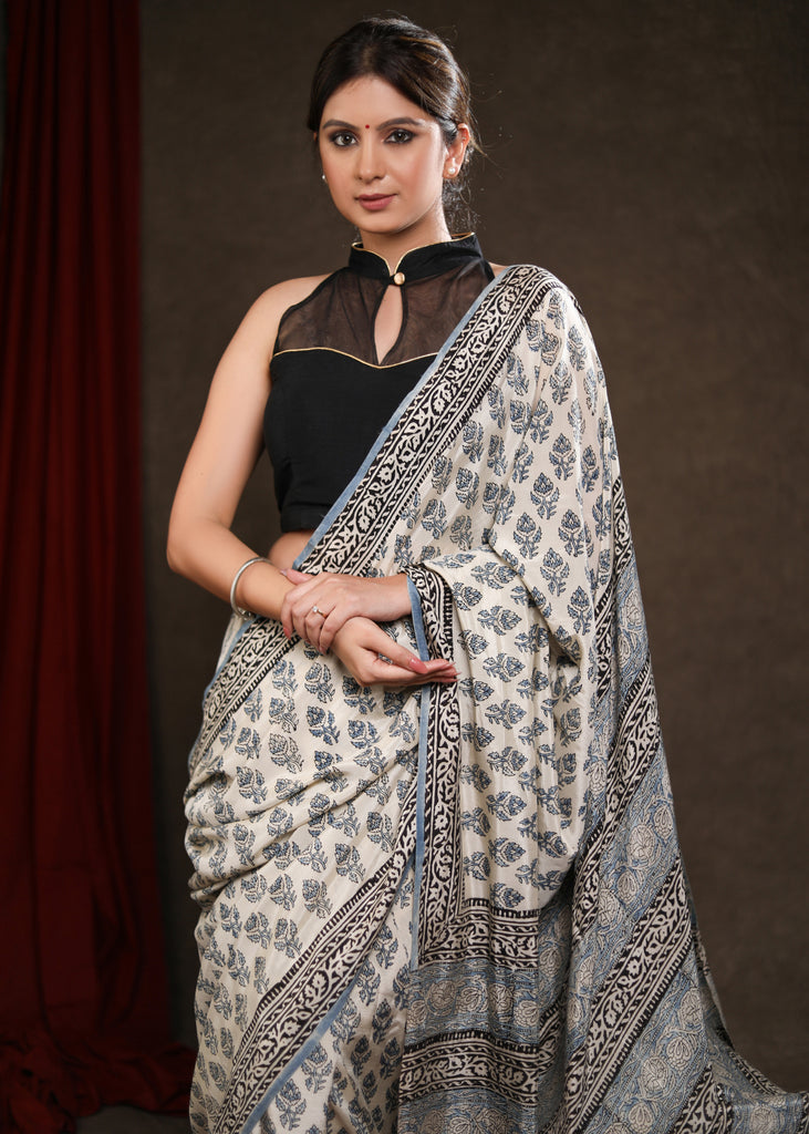 Stunning Fakira Print Cream & Light Blue Modal Saree