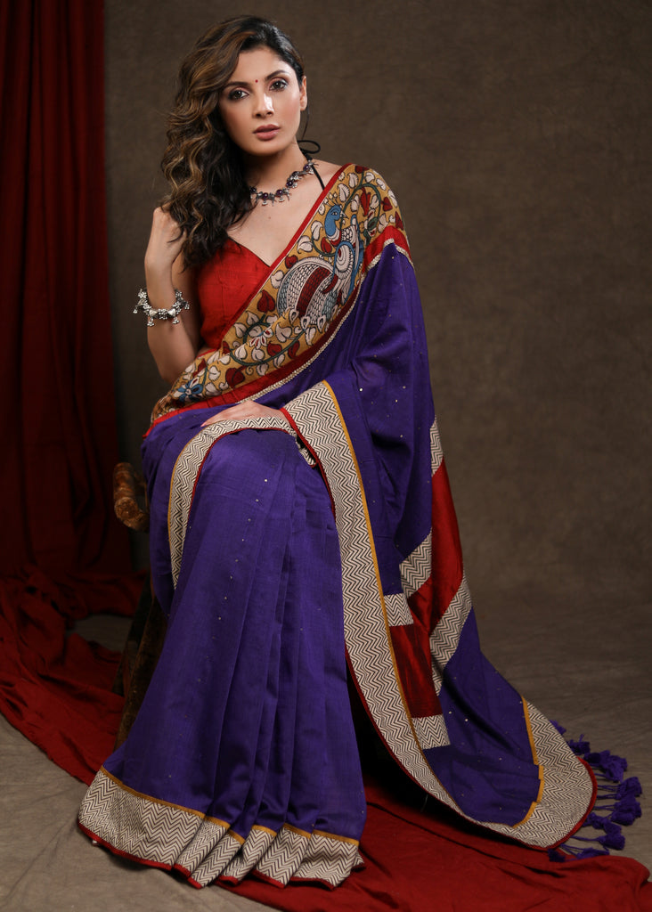 Vibrant Navy Blue Cotton Sequence Saree with Kalamkari Border & Ajrakh Combination Border