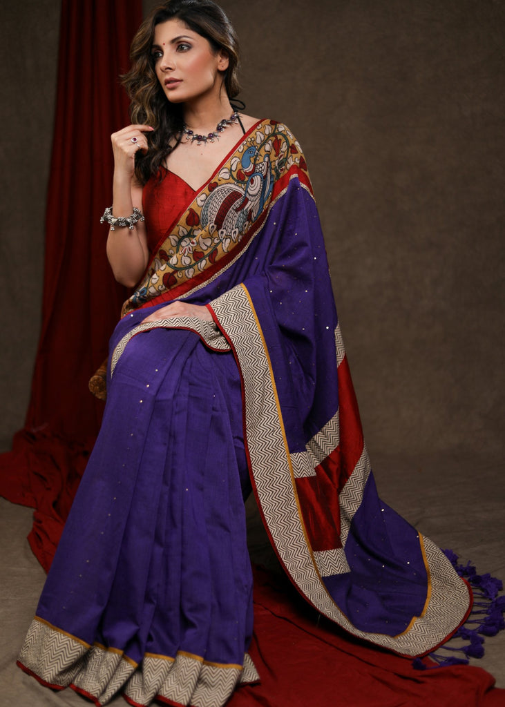 Vibrant Navy Blue Cotton Sequence Saree with Kalamkari Border & Ajrakh Combination Border