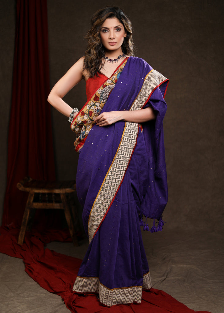 Vibrant Navy Blue Cotton Sequence Saree with Kalamkari Border & Ajrakh Combination Border