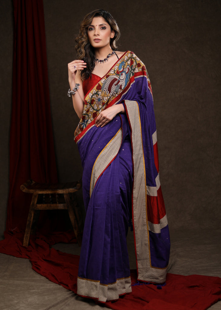 Vibrant Navy Blue Cotton Sequence Saree with Kalamkari Border & Ajrakh Combination Border