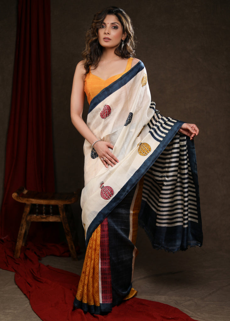 Bold Multicolor Block Print Pure Silk Saree