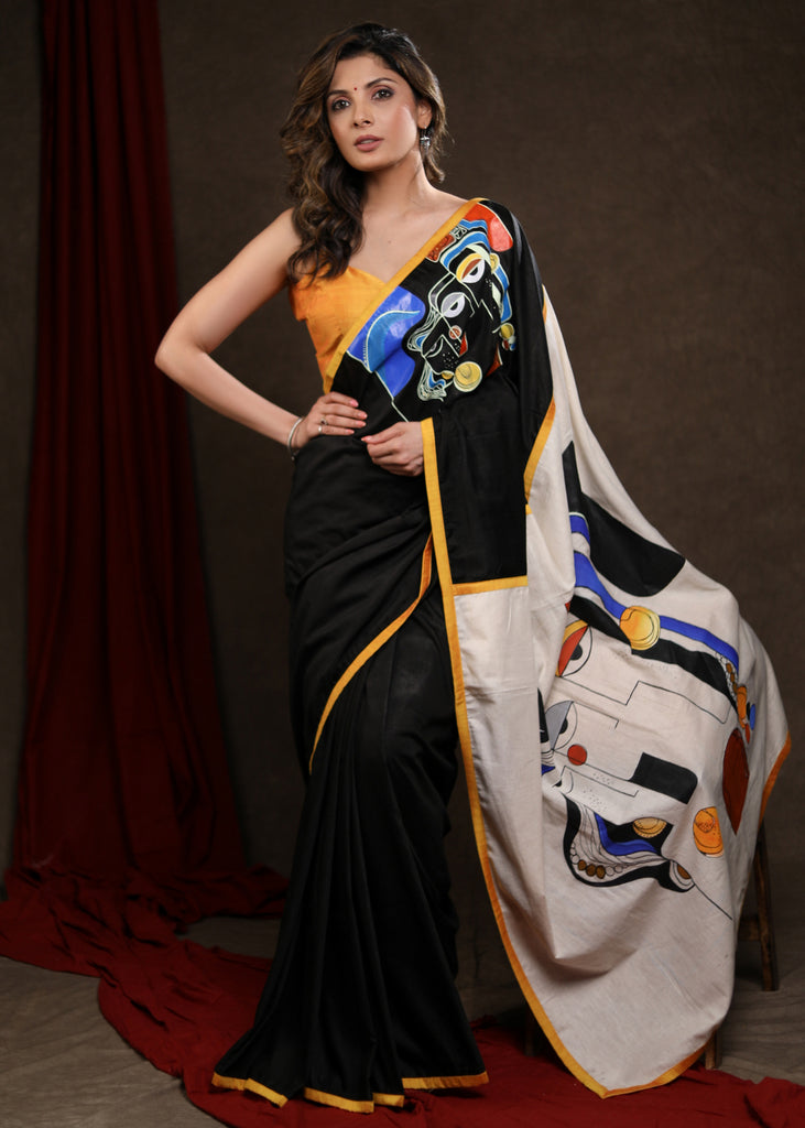 Stylish Black Rayon Silk Saree with Abstract Handpainting