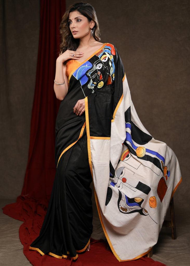 Stylish Black Cotton Silk Saree with Abstract Handpainting