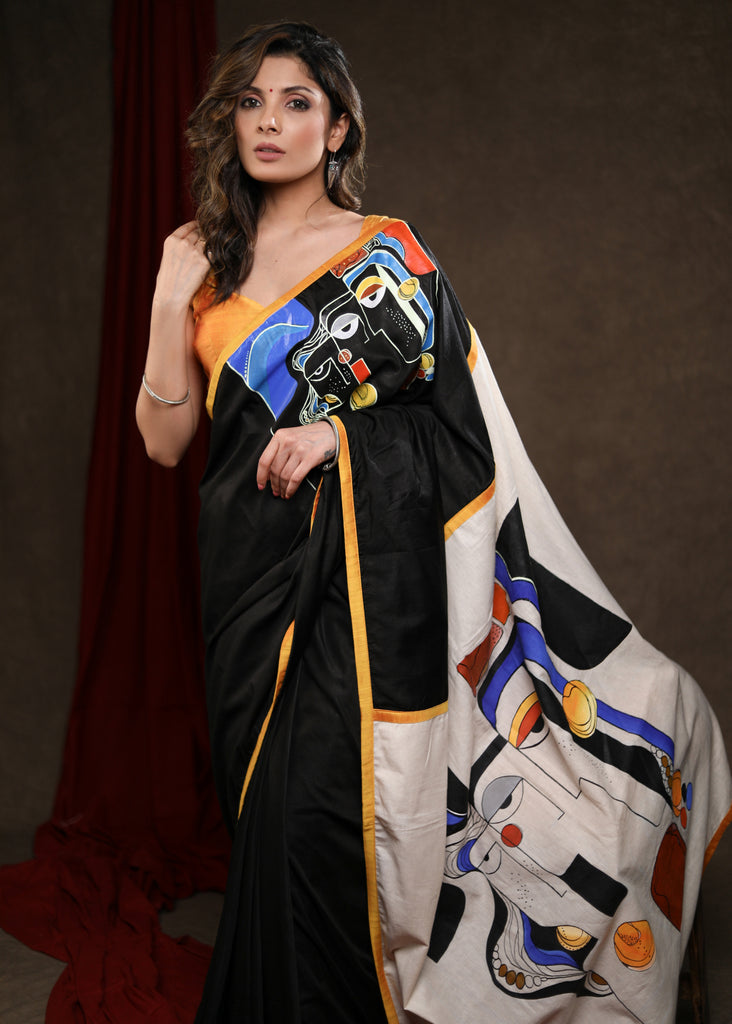 Stylish Black Rayon Silk Saree with Abstract Handpainting