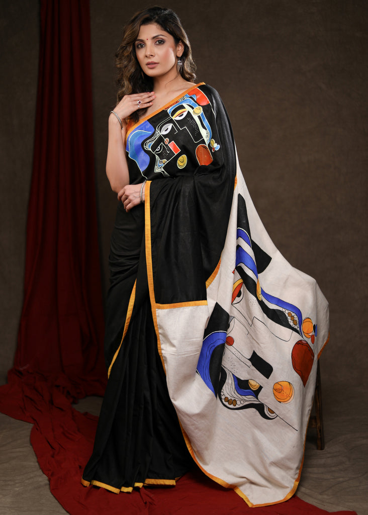 Stylish Black Cotton Silk Saree with Abstract Handpainting