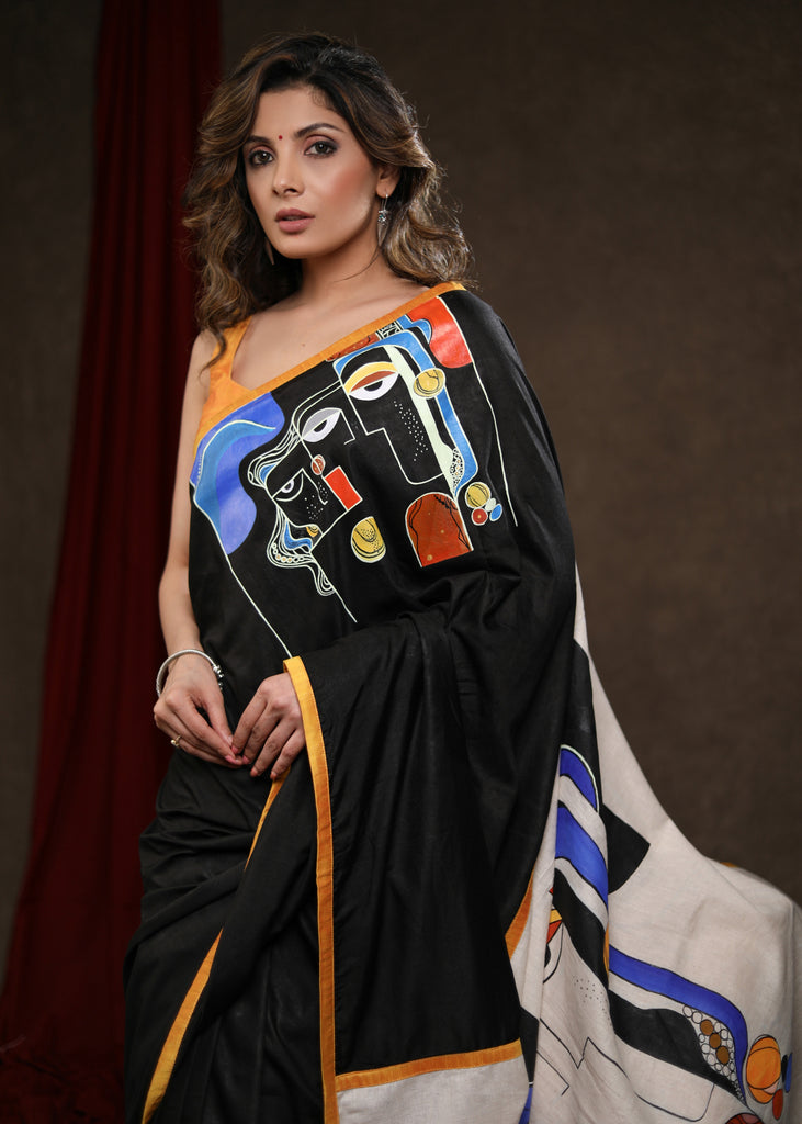 Stylish Black Rayon Silk Saree with Abstract Handpainting