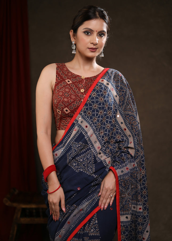 Graceful Blue Cotton Ajrakh Block Print Saree Highlighted with Beautiful Mirrorwork