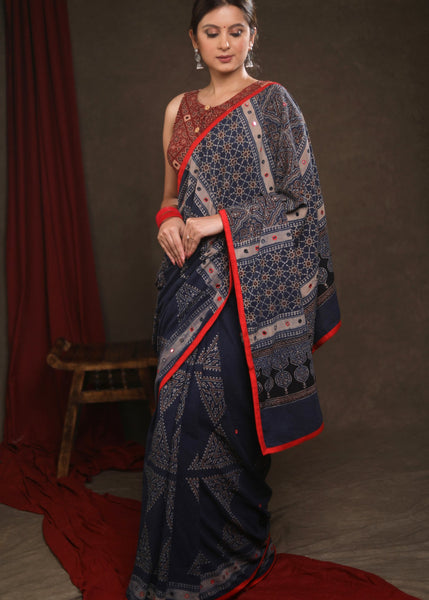 Graceful Blue Cotton Ajrakh Block Print Saree Highlighted with Beautiful Mirrorwork