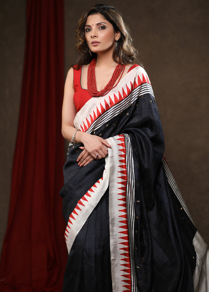 Regal Black Pure Silk Temple Border Saree with Hand Embroidery