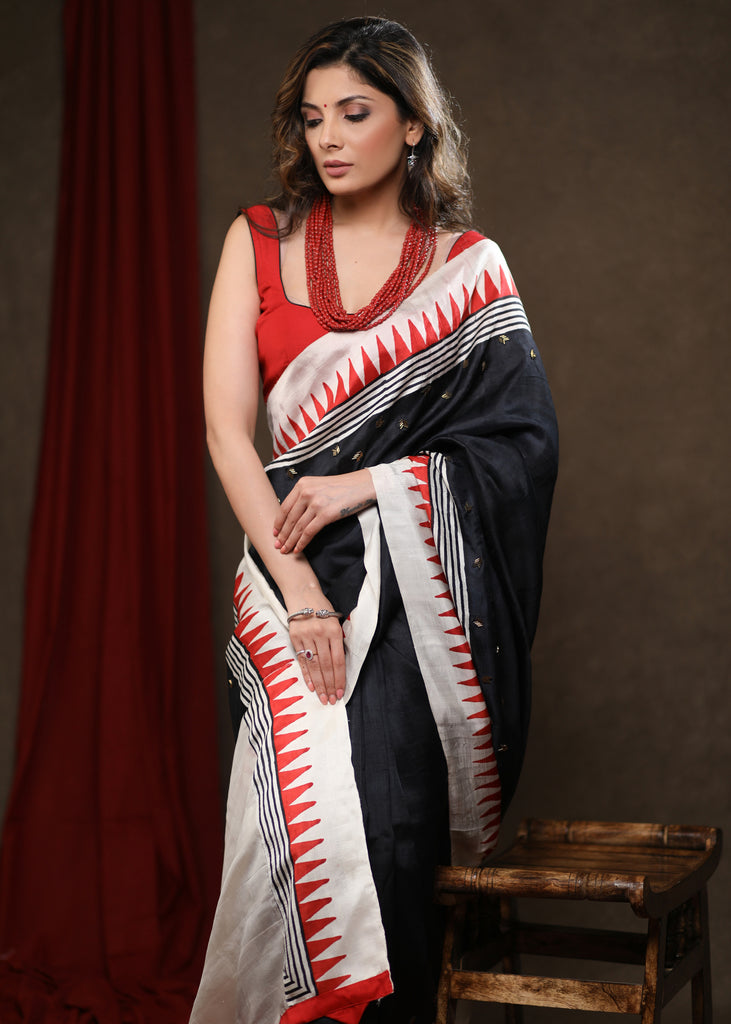 Regal Black Pure Silk Temple Border Saree with Hand Embroidery