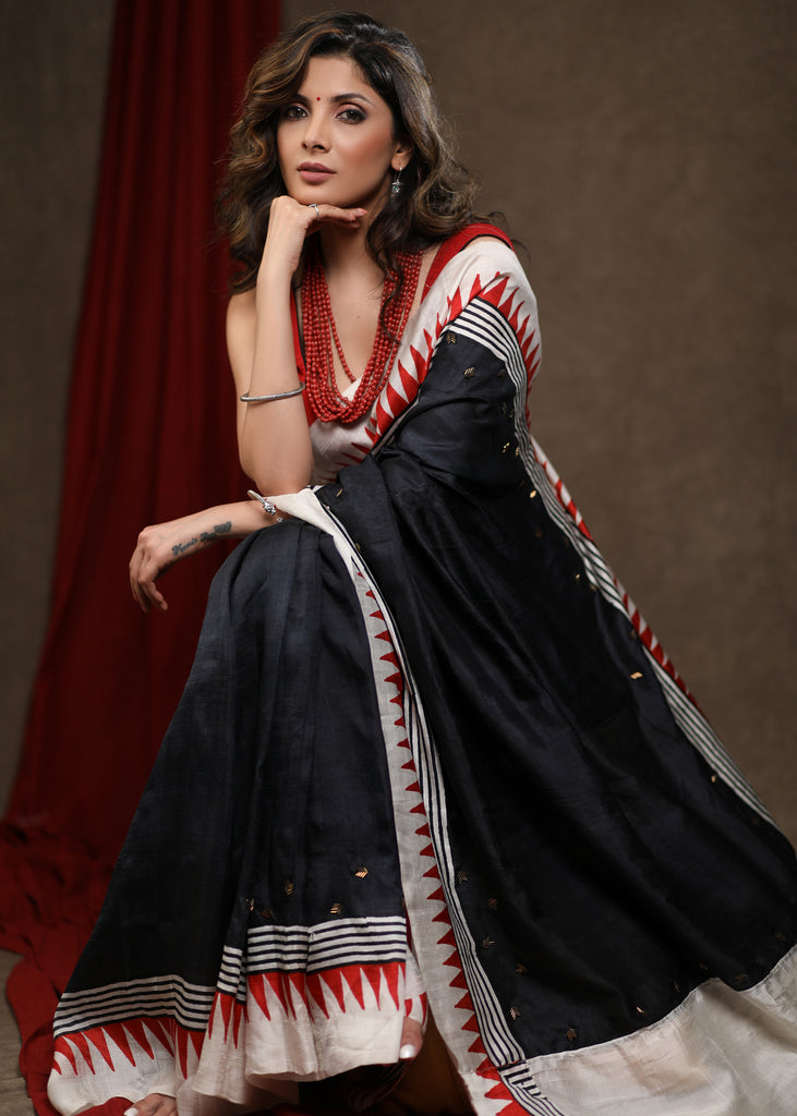 Regal Black Pure Silk Temple Border Saree with Hand Embroidery