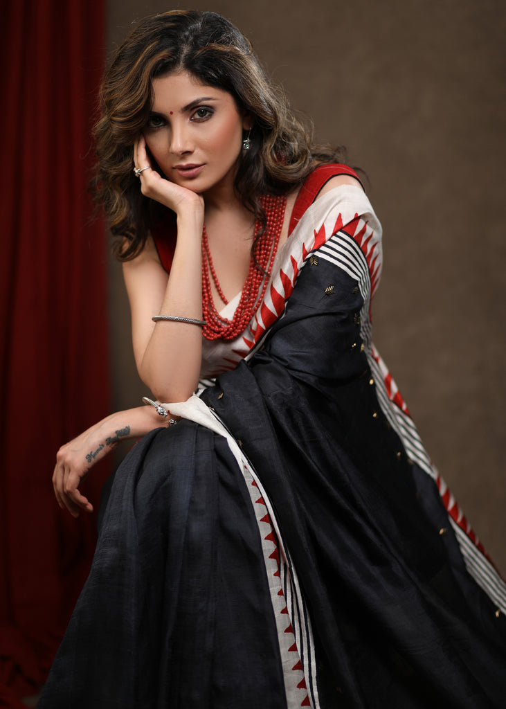 Regal Black Pure Silk Temple Border Saree with Hand Embroidery