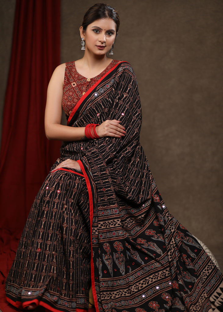 Beautiful Black Ajrakh Block Print Cotton Saree with Intricate Mirrorwork