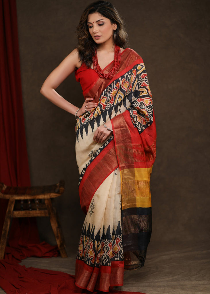 Stunning Pure Tussar Silk Pochampalli Design Printed Saree with Zari Border