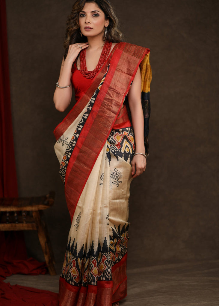 Stunning Pure Tussar Silk Pochampalli Design Printed Saree with Zari Border