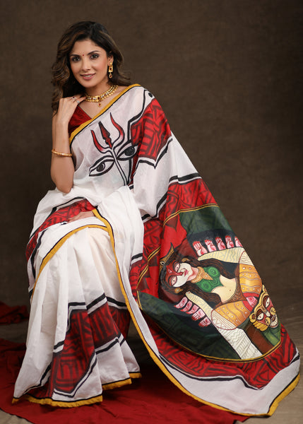 Auspicious Maa Durga Handpainted Chanderi Saree