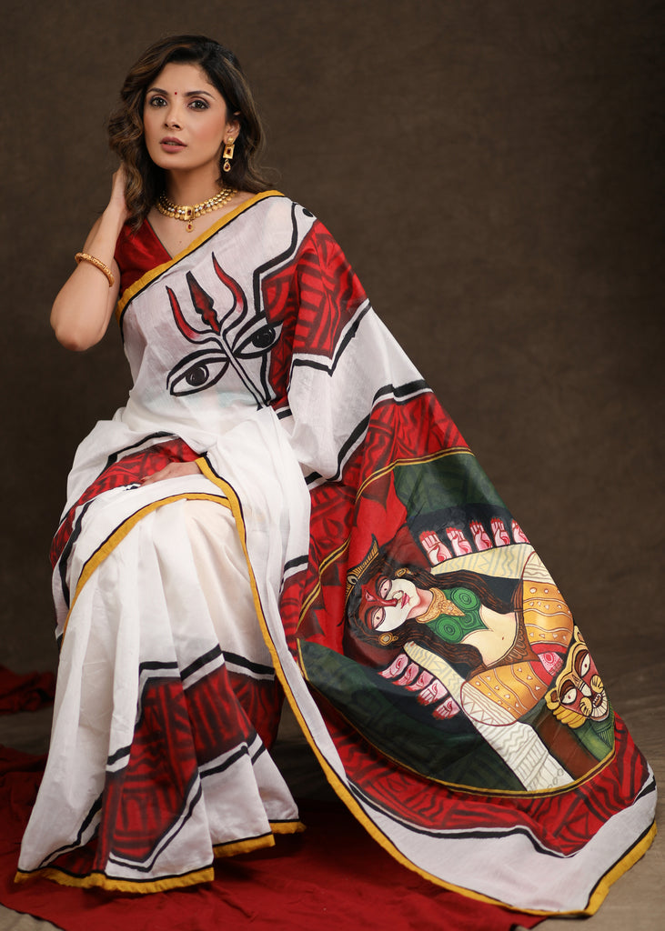 Auspicious Maa Durga Handpainted Chanderi Saree