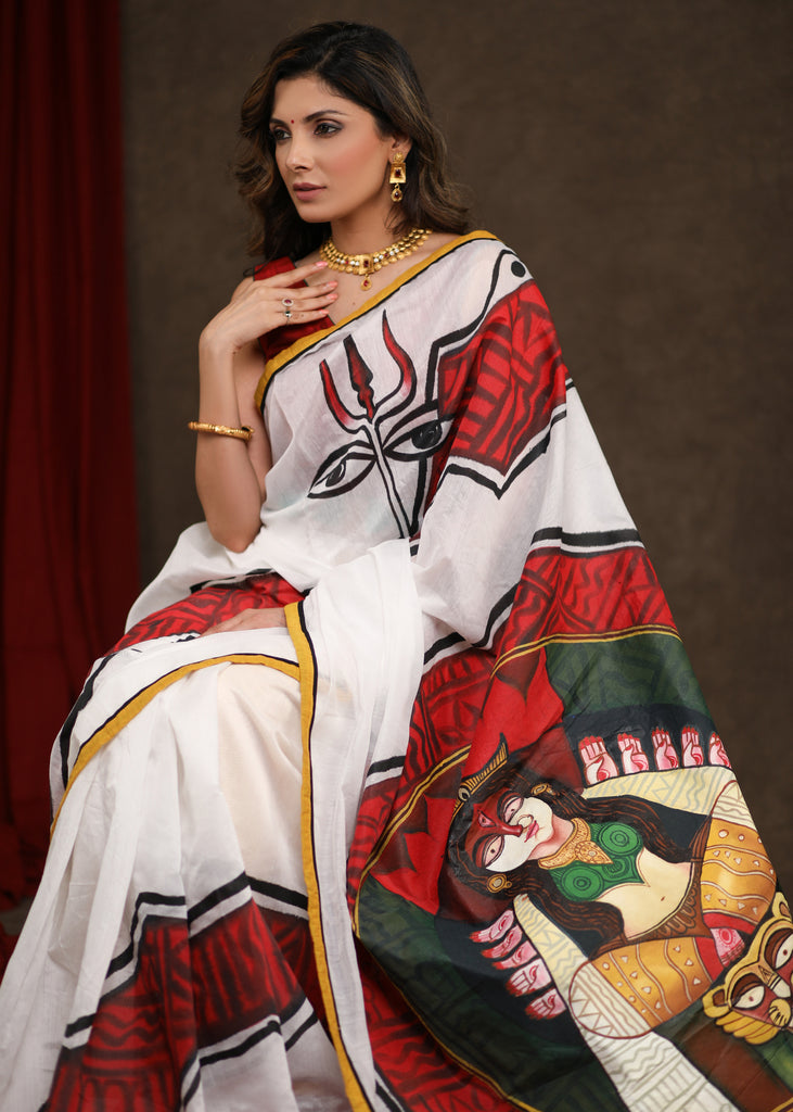 Auspicious Maa Durga Handpainted Chanderi Saree