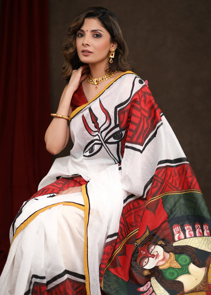 Auspicious Maa Durga Handpainted Chanderi Saree