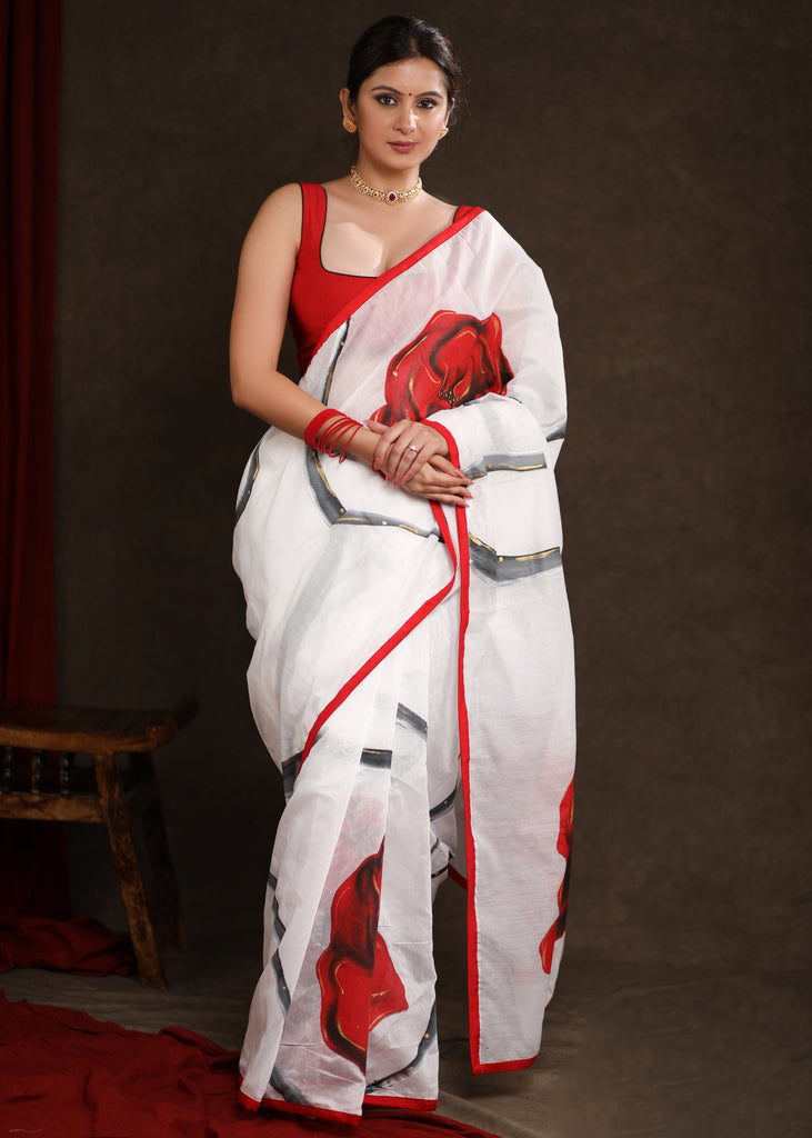 Designer White Chanderi Handpainted Saree with Abstract Rose Motif