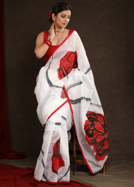 Designer White Chanderi Handpainted Saree with Abstract Rose Motif