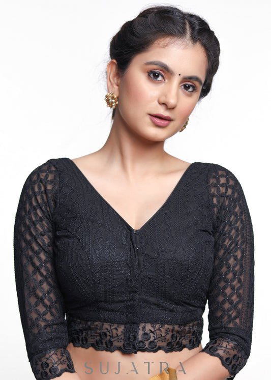 Trendy Black Gerogette Embroidered Blouse - Plain Saree Optional