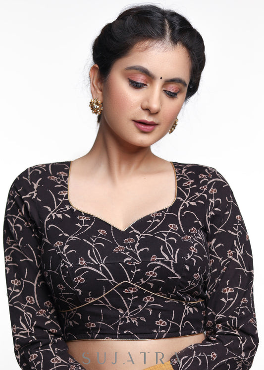 Black Floral Ajrakh Full Sleeve Cotton Blouse