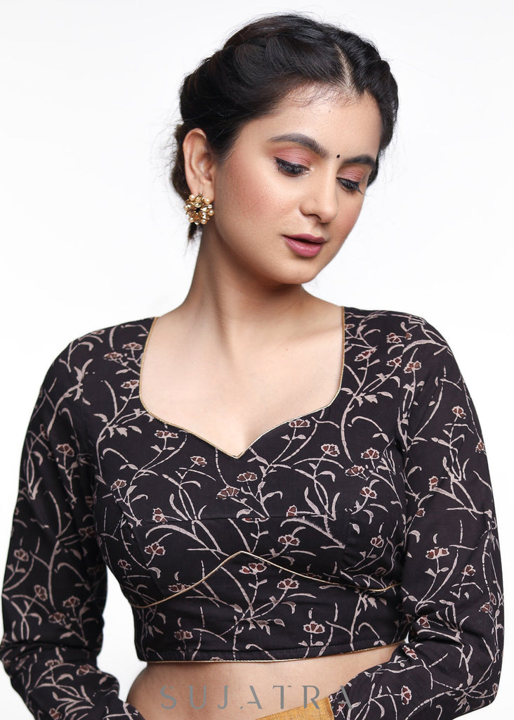 Black Floral Ajrakh Full Sleeve Cotton Blouse