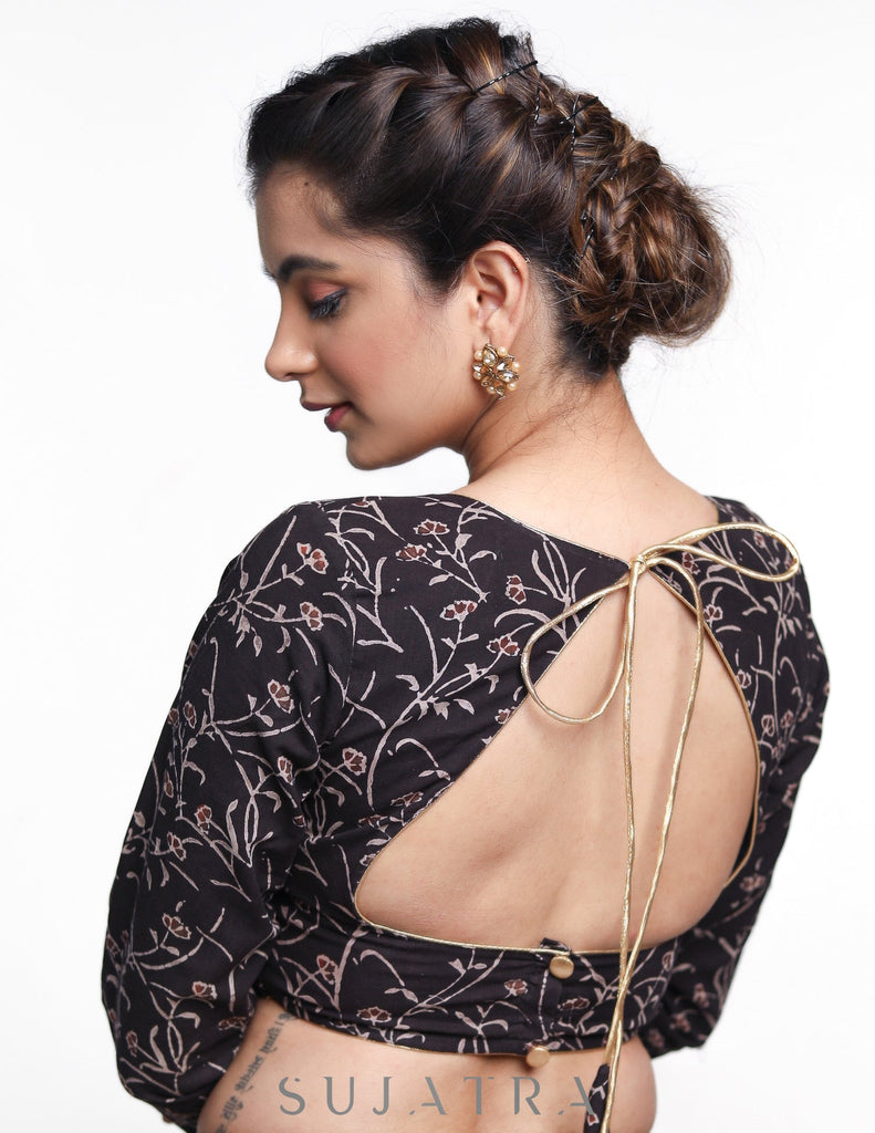 Black Floral Ajrakh Full Sleeve Cotton Blouse