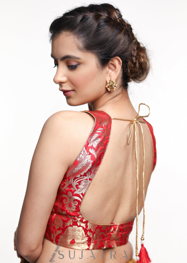 Red Banarsi Sleeveless Cotton Silk Blouse