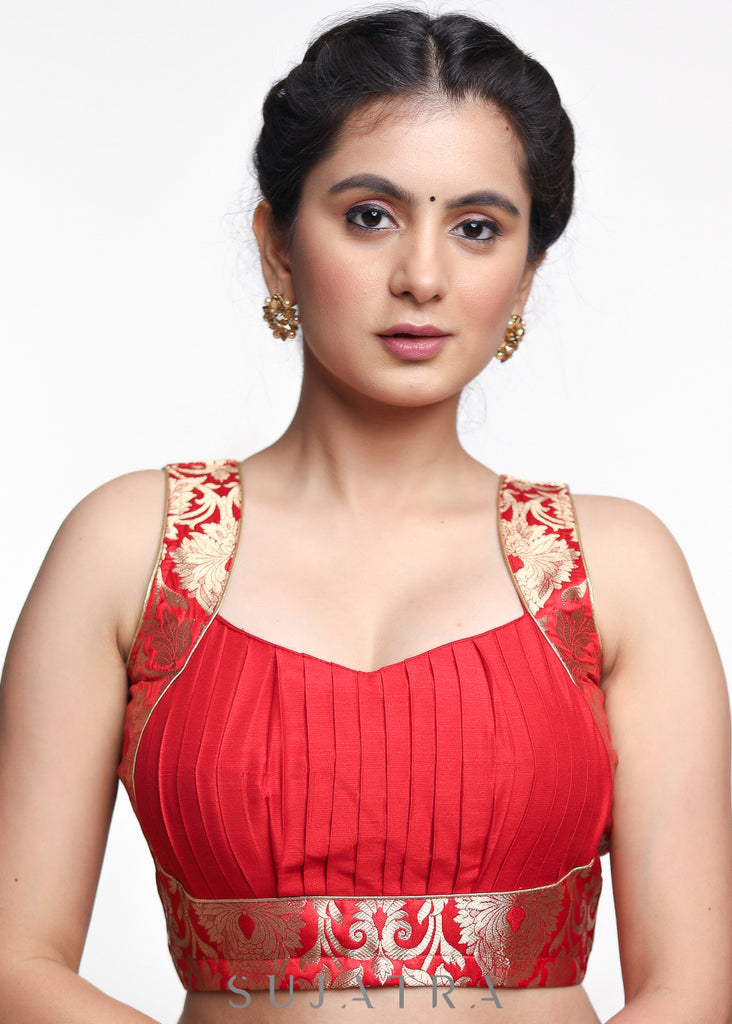 Red Banarsi Sleeveless Cotton Silk Blouse