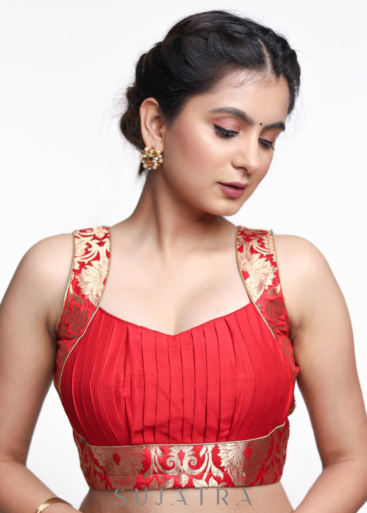 Red Banarsi Sleeveless Cotton Silk Blouse