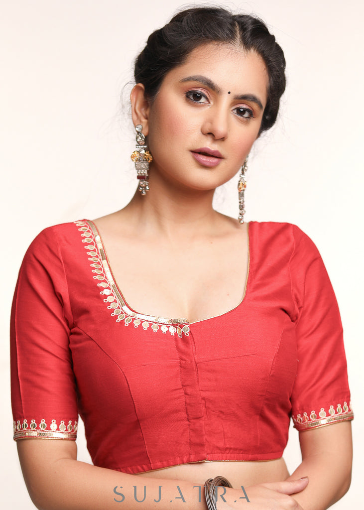 Hand Embroidered Red Cotton Silk Blouse