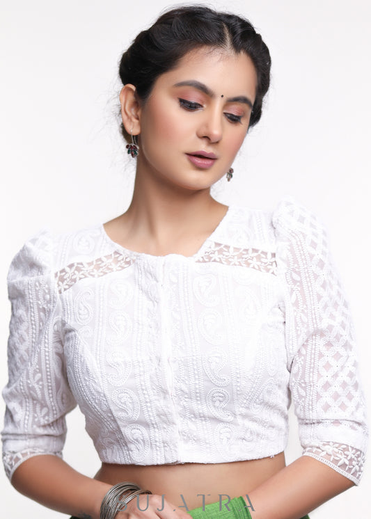 White Embroidered Georgette Blouse With Lace Insert
