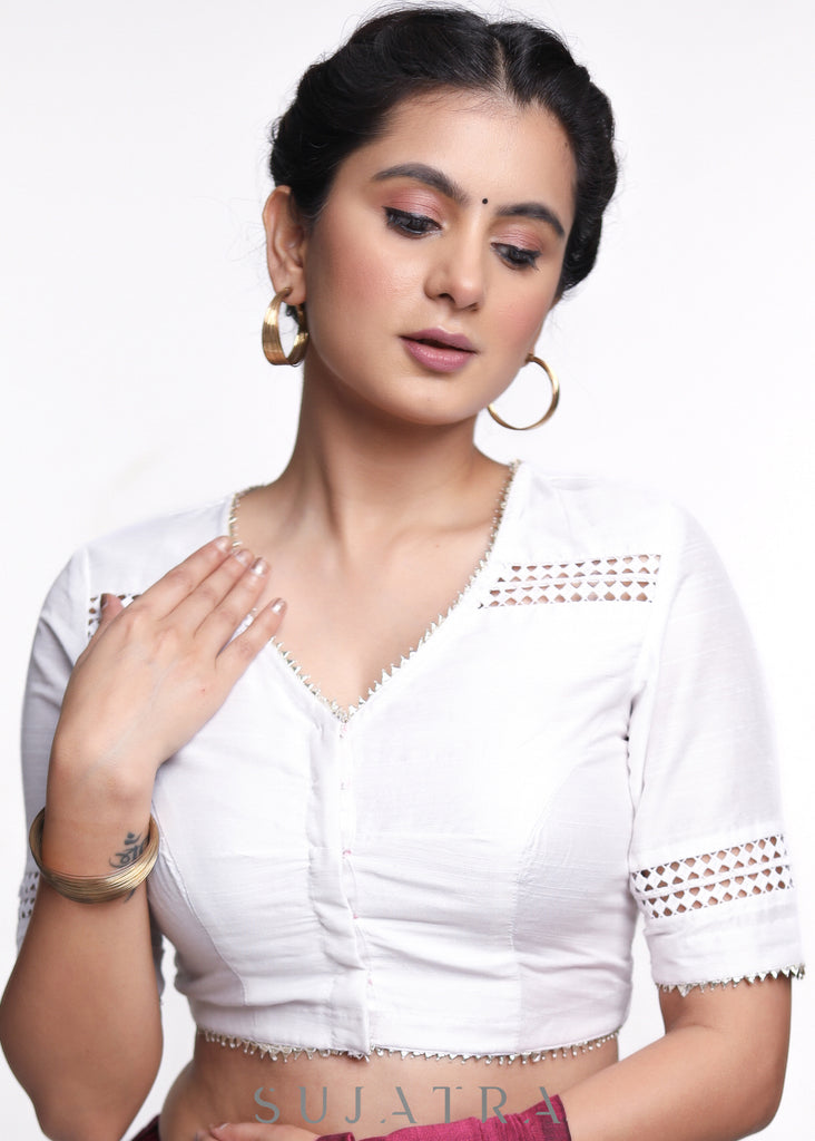 White Cotton Silk Lace Blouse - Plain Saree Optional