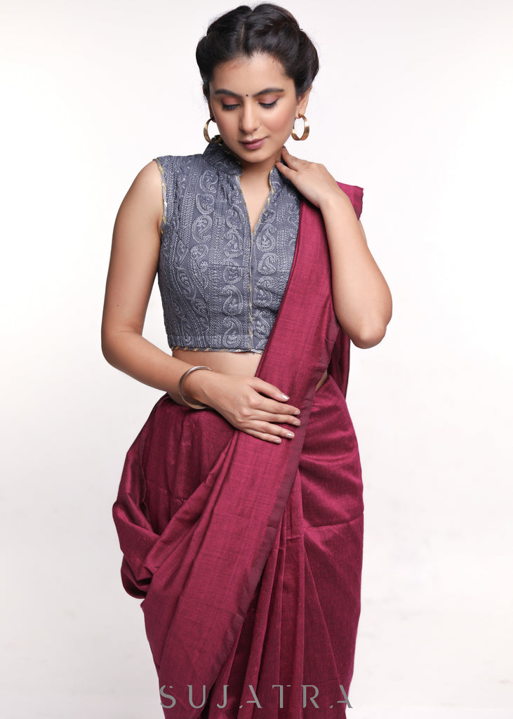 Sleeveless Grey Mandarin Collar Embroidered Georgette Blouse