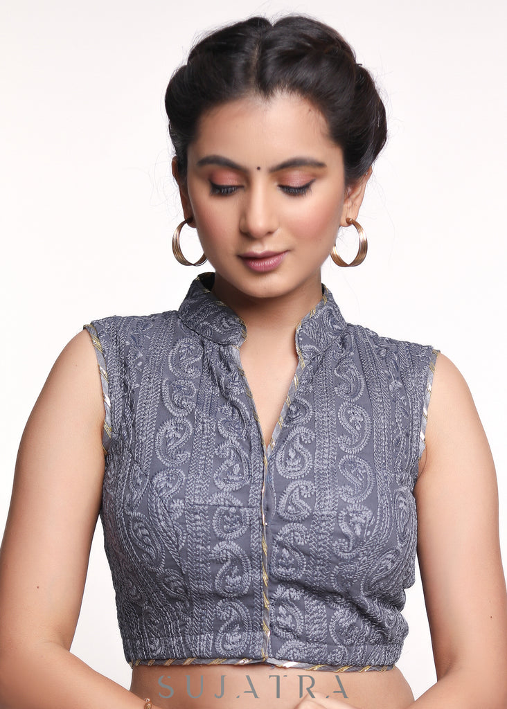 Sleeveless Grey Mandarin Collar Embroidered Georgette Blouse