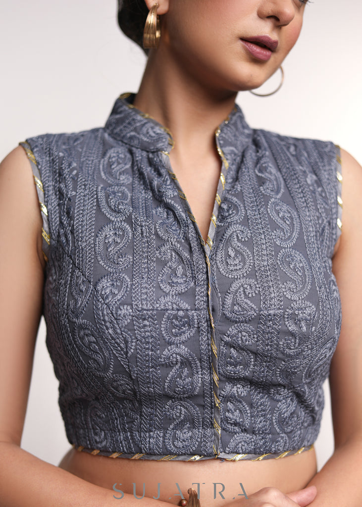 Sleeveless Grey Mandarin Collar Embroidered Georgette Blouse