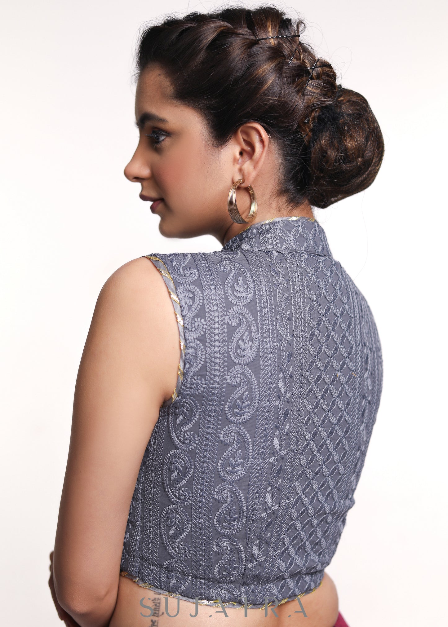 Sleeveless Grey Mandarin Collar Embroidered Georgette Blouse