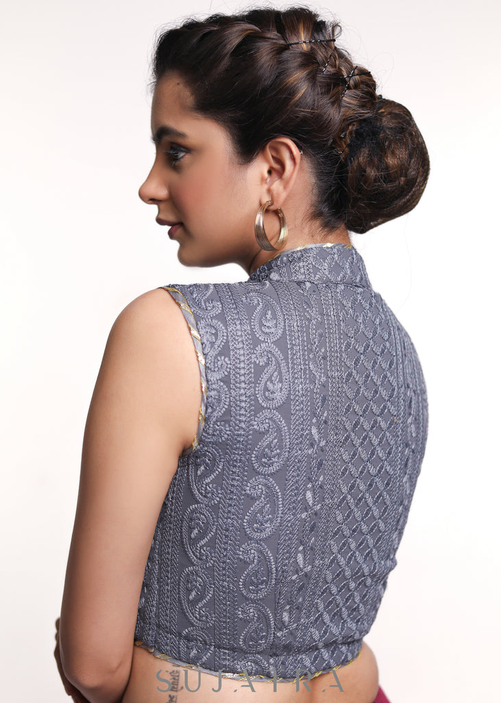 Sleeveless Grey Mandarin Collar Embroidered Georgette Blouse