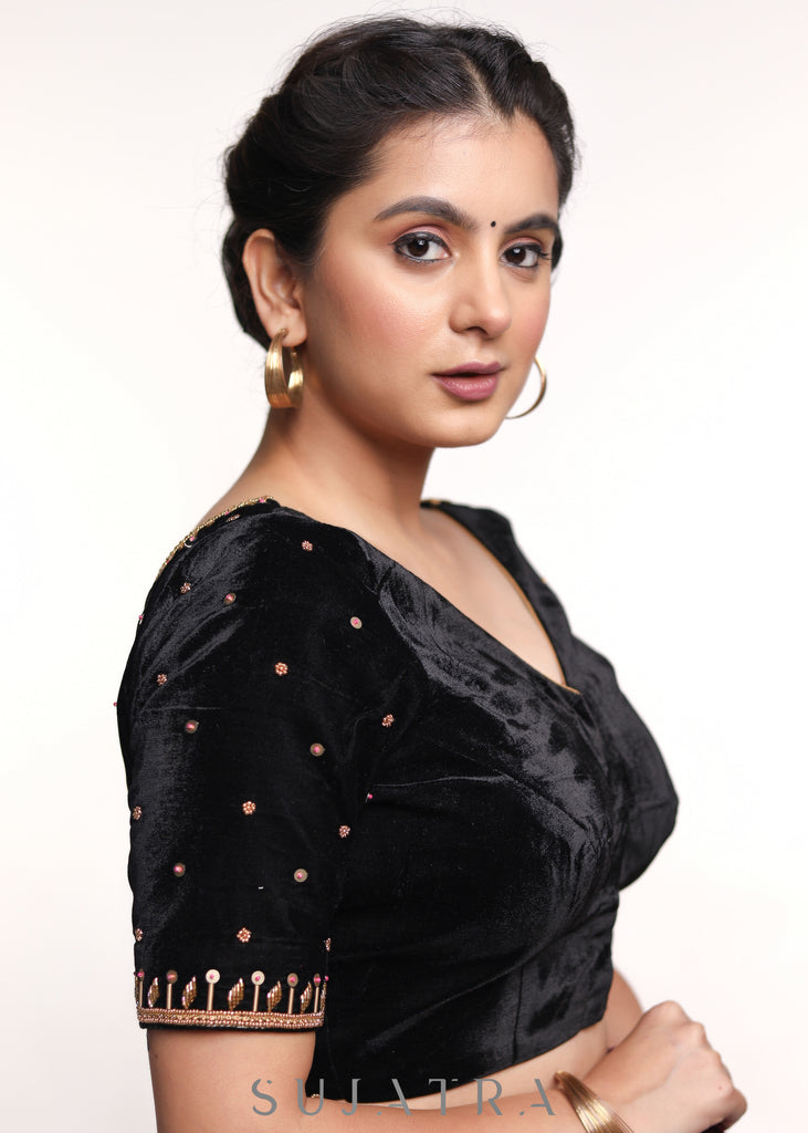 Elegant Hand Embroidered Black Velvet blouse
