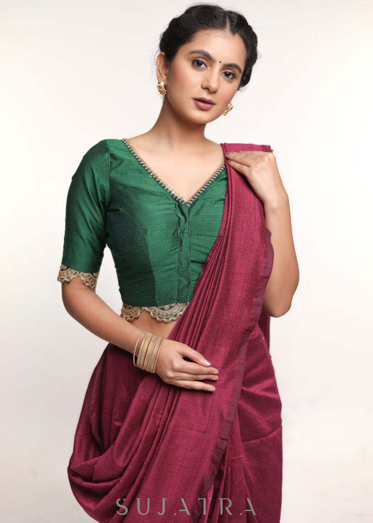 Forest Green Cotton Silk Blouse With Lace Insert