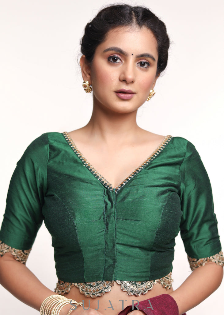 Forest Green Cotton Silk Blouse With Lace Insert